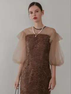 フラワースパンコールシアーフリルスリーブIラインワンピースドレス結婚式パーティー