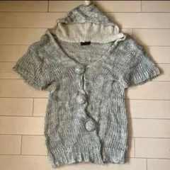 ニットカーディガン　フード　グレージュ　ミックス糸　ベスト　コクーンシルエット