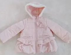 美品ブランシェス100リボンフリルファー付ペプラムコートピンクアウタージャンパー