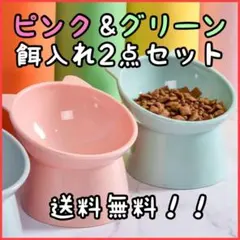 【ピンク＆グリーンセット】猫耳ペット食器・フードボウル・猫犬・餌入れ・エサ・食器のサムネイル