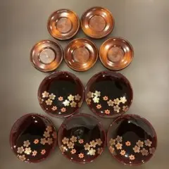 美品✨春秋文様 漆器 銘々皿＆天然木 茶托 5客セット 桜 紅葉 和菓子 茶席