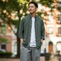 【1452】FREDPERRYフレッドペリー 長袖BDチェックシャツ緑×紺 S