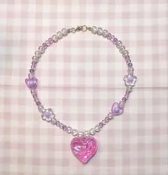 ゆめかわ♡ピンクハートネックレス クリアハート ビーズネックレス ハンドメイド
