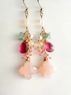 【14kgf】ピンクカルセドニー×フラワーカービング＊ピアスNo.349