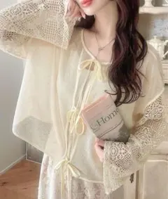 mily bilet レース 前後2WAY リボンカーディガン 長袖 アイボリー