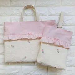 いちご 刺繍生地 ヌビ キルト レッスンバッグ 上履き袋 マチ向き