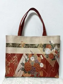 着物帯リメイク　和風花柄刺繍トートバッグ ハンドメイド　A4サイズ対応