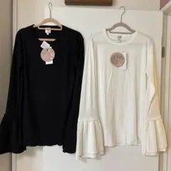 新品M★袖先プリーツ　長袖Tシャツ★白黒2枚セット★しまむら　yumiさん