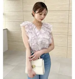 SNIDEL ノースリフリルブラウス　ピンク