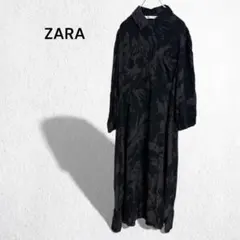 ザラ 総柄 シャツワンピース ロング丈 マキシ ギャザー きれいめ 上品 L
