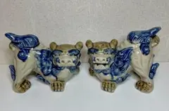 沖縄 壺屋焼 彩色 シーサー 一対 置物 オブジェ 魔除け 獅子 高19.2cm