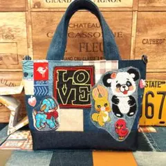 デニムリメイク パッチワークトートバッグ レトロバッグ パンダ デニムバッグ