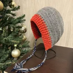 ハンドメイド　ボンネット　バラクラバ　フード クロシェハット　グレージュオレンジ