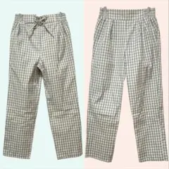 ギンガムチェック パンツ ズボン バックリボン ウエストゴム グリーン M
