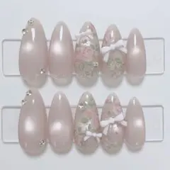 【現品】ネイルチップ 韓国風 マグネット シンプル お花 リボン ピンクガーリー