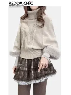 袖ファー ニット セーター タートルネック ケーブル編み ベージュ 韓国 Y2K