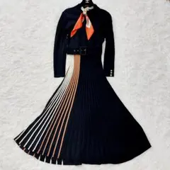 美品 近年 ダイアグラム ロングワンピース 長袖 プリーツ S ボウタイ 黒