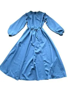 ヨーロッパ古着 フリル付き長袖ワンピース くすみブルー