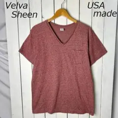 USA製 Velva Sheen 杢ポケットTシャツ L 赤茶 Vネック 筒編み