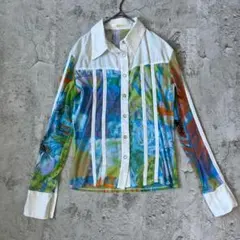 希少 00s Y2K アート柄 シアーシャツ パワーネット 異素材 ブラウス
