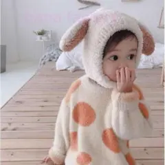 ベージュ オフホワイト ベビーキャップ かわいい うさ耳 フリース ニット 帽子