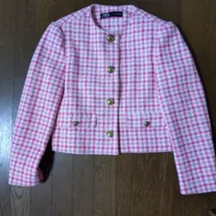 ピンク ホワイト チェック ノーカラージャケット