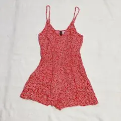 H&M 花柄 オールインワン ショート丈 赤 パンツ ウエストゴム 38 Mのサムネイル