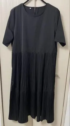ブラック プリーツ 半袖ロング丈ワンピース Lサイズ