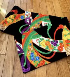【未使用級】正絹 振袖用 袋帯 黒地 刺繍 花柄×組紐文様｜レトロ・ヴィンテージ