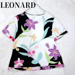 レオナール半袖 レオナール 服 レオナール パリ LEONARD PARIS 2023春夏コレクション 美品 LEONARD FASHION レオナール ファッション 0379125 コットン100 花柄 クルーネック 半袖 カットソー ブラック マルチ L 正規品 公式通販