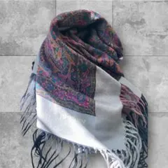 【イヴ・サンローラン】フリンジ　ショール　マフラー　レトロ　四角