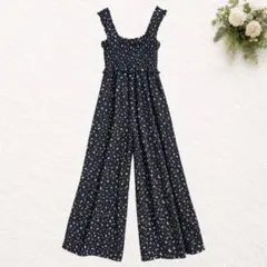 ノーブランド オールインワン フリル 花柄 シャーリング サロペット ブラックM