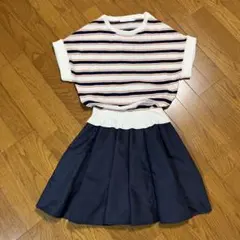 ワンピース　フレア　ストライプ　ホワイト　ネイビー　半袖　COCODEAL