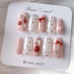 ネイルチップ オーダーネイル さくらんぼネイル チェリーネイル ピンクネイル