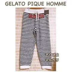 新品未使用　ジェラートピケオム　ロゴ入りモコモコロングパンツ　白×ネイビー