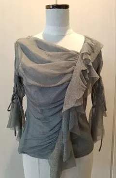 社交ダンス　シルバーラメ素材 フリル付き ドレープトップス