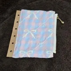 ハンドメイド　ミニ6　システム手帳 ジッパーポーチ　リボン　チェック　淡色