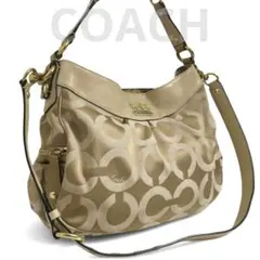 良品 コーチ 2Way シグネチャー オプアート キャンパス ベージュ系