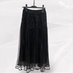 ❤️ABITOKYO 花柄レース プリーツ チュール ロング スカート❤️新品 黒のサムネイル