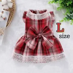 犬服 L ワンピース 赤 チェック レース リボン ペット 小型犬 ボタン