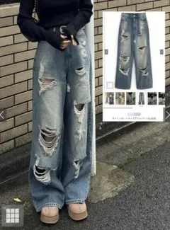 GRLダメージカットルーズデニムパンツ￼【cu525】Sサイズ