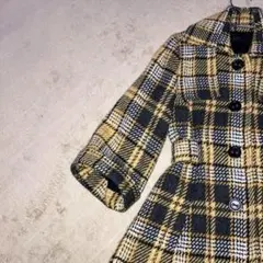 チェック柄　ウール混　ハーフスリーブコート M グレー×イエロー