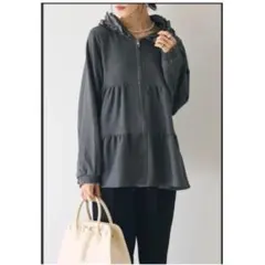 フリルフードティアードパーカー　チャコール　frene フラーネ