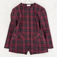 美品　vintage ノーカラージャケット　チェック柄　ウール100% 赤　9