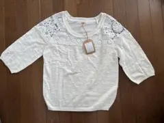 アイボリー レース付き 五分袖トップス M