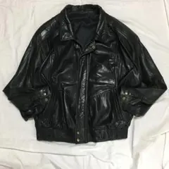 【個性派古着】デザイン革ジャン　本革　ツヤあり　黒　ボンバージャケット　LL