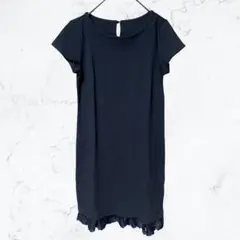 13710 ベネトン カットソーワンピース レース 濃紺 コットン 鹿の子 S