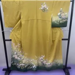 ＢＹ6591 狐色　深緑　訪問着　着物　正絹　梅　牡丹　竹　撫子　鳥