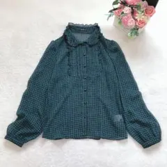 コムサイズム 長袖シアーシャツ フリル 千鳥格子柄 シンプル トップス 総柄 緑