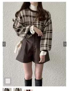 GRL チェック柄ボリュームスリーブニットトップス［gn11］